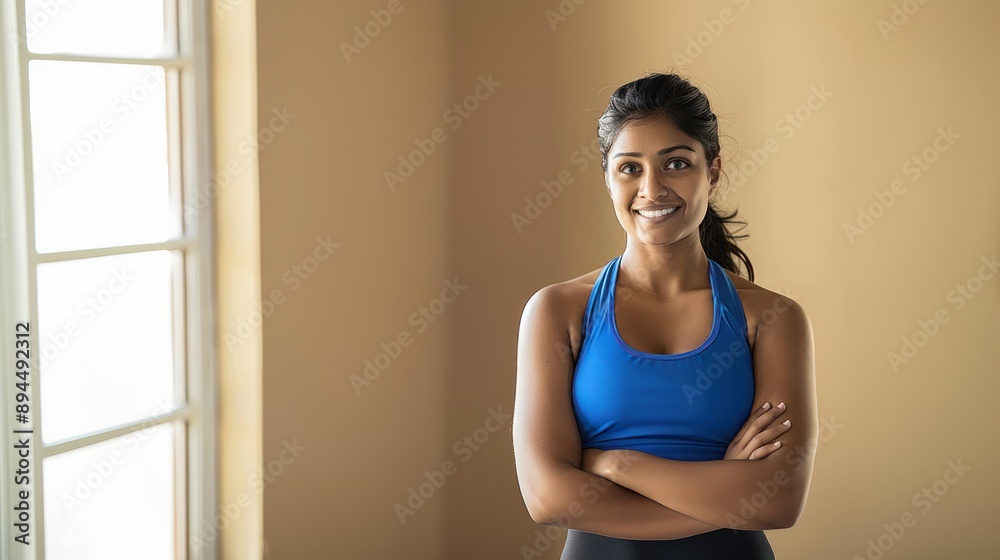 An Indian woman with fitness attire against a beige background, workout readiness, exercise outfit, fitness attire An Indian woman with fitness attire against a beige background, workout readiness, exercise outfit, fitness attire