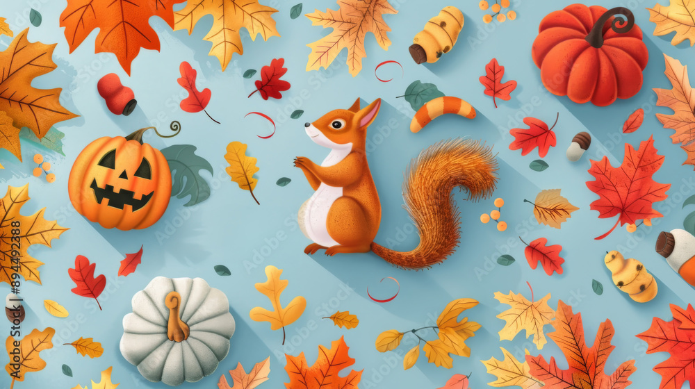 Squirrel and Pumpkins with Autumn Leaves Illustration Squirrel and Pumpkins with Autumn Leaves Illustration