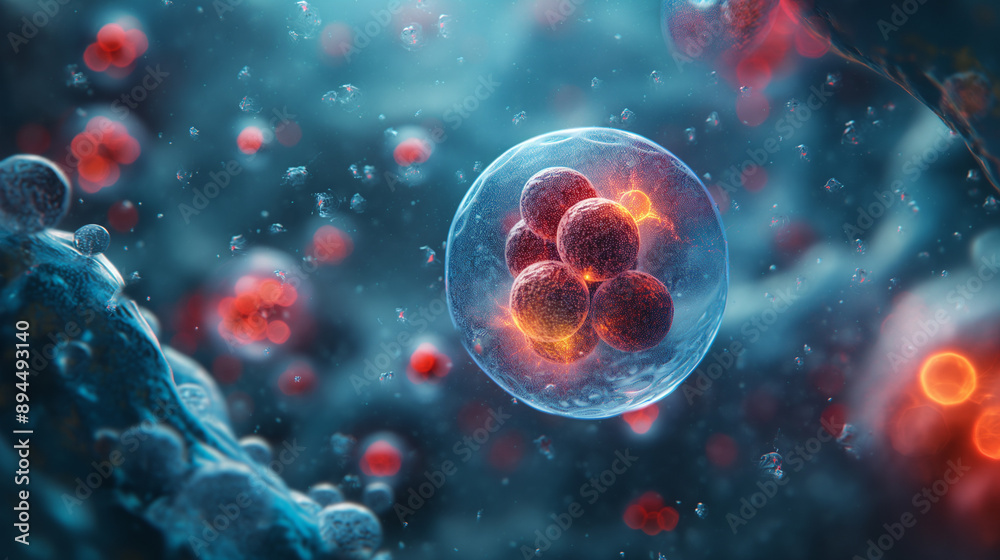 Human cell structure and DNA molecule in a biotechnology medical research setting, with a clean background offering copy space for annotations. Human cell structure and DNA molecule in a biotechnology medical research setting, with a clean background offering copy space for annotations.