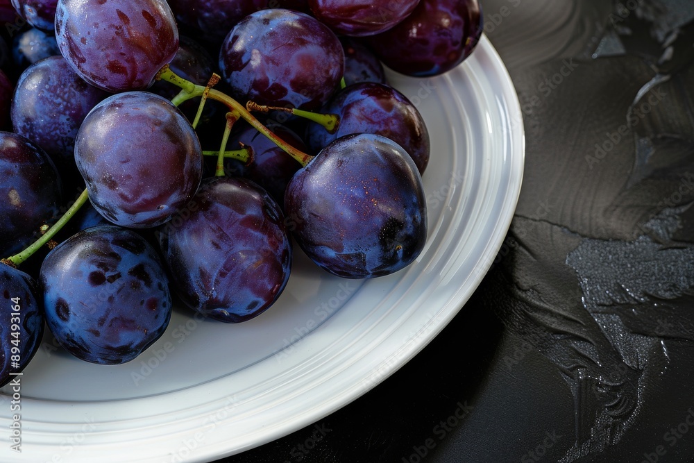 Fototapeta premium Background of ripe fresh plums. Close-up. Sale of plums at the farmers' market.. Beautiful simple AI generated image in 4K, unique.