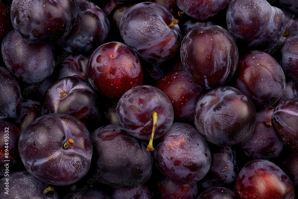 Fototapeta premium Ripe plum. Lots of plums in a basket on a gray wooden table. Blue plums close-up. Healthy fruits. Banner . Beautiful simple AI generated image in 4K, unique.