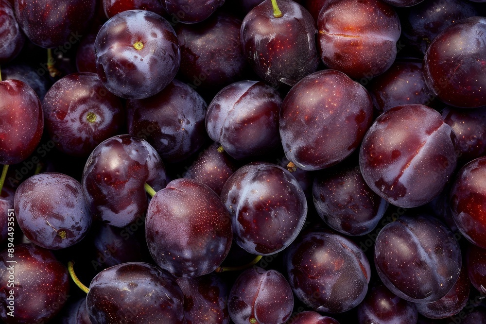 Fototapeta premium Close-up of fresh plums, top view. Texture background of fresh blue plums. Beautiful simple AI generated image in 4K, unique.