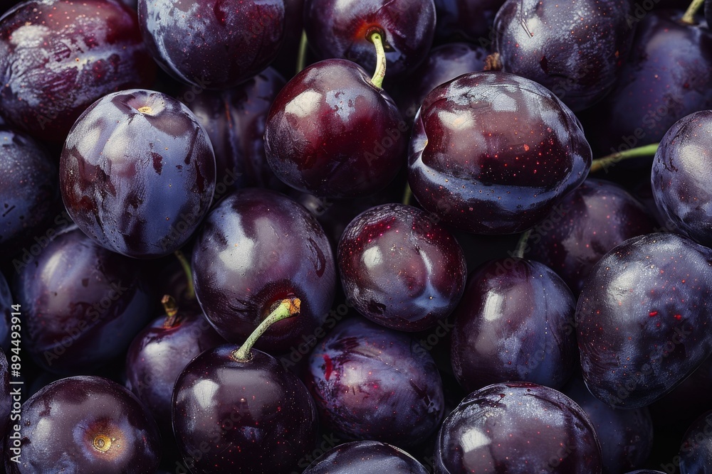 Fototapeta premium Fresh, ripe, organic plums. Close-up. Top View. Beautiful simple AI generated image in 4K, unique.
