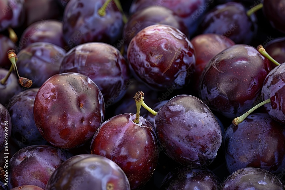 Fototapeta premium Ripe plum. Lots of plums in a basket on a gray wooden table. Blue plums close-up. Healthy fruits. Banner . Beautiful simple AI generated image in 4K, unique.