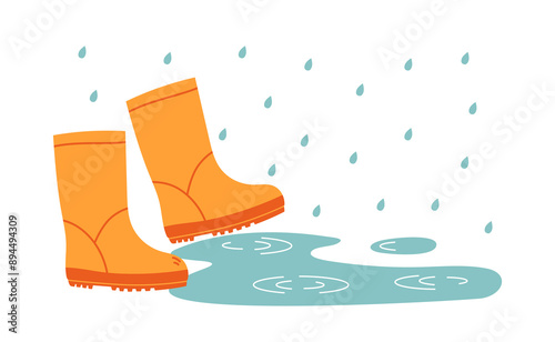 Orange rubber boots. Autumn or spring rainy weather and puddle. Flat vector isolated illustration