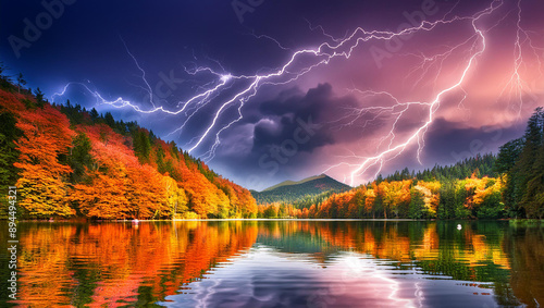 Firefly Colorful abstract interpretation of a thunderstorm over the forest lake water; night landscape