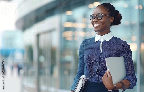 Woman Holding Laptop and Smiling in City