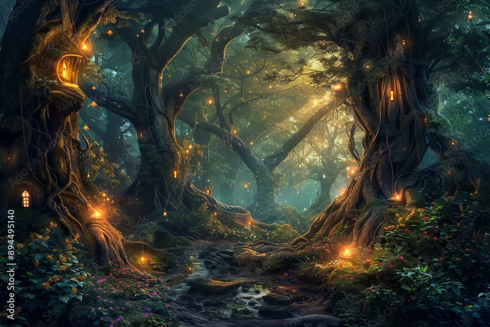 Obraz premium Mystical forest illuminated by lanterns and fairy lights, creating a magical ambiance