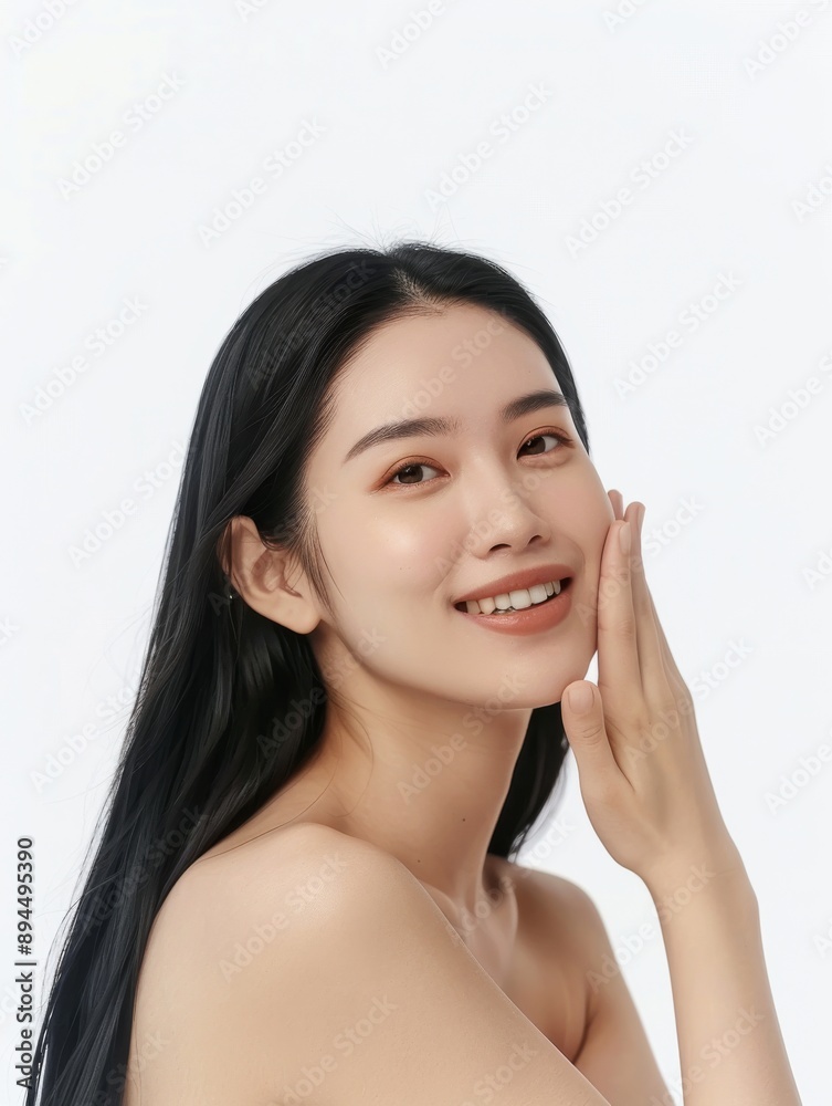 A joyful woman in a minimalistic setting smiles brightly with her hand gently touching her face, radiating positivity, confidence, and natural beauty in a clean, modern portrait. A joyful woman in a minimalistic setting smiles brightly with her hand gently touching her face, radiating positivity, confidence, and natural beauty in a clean, modern portrait.
