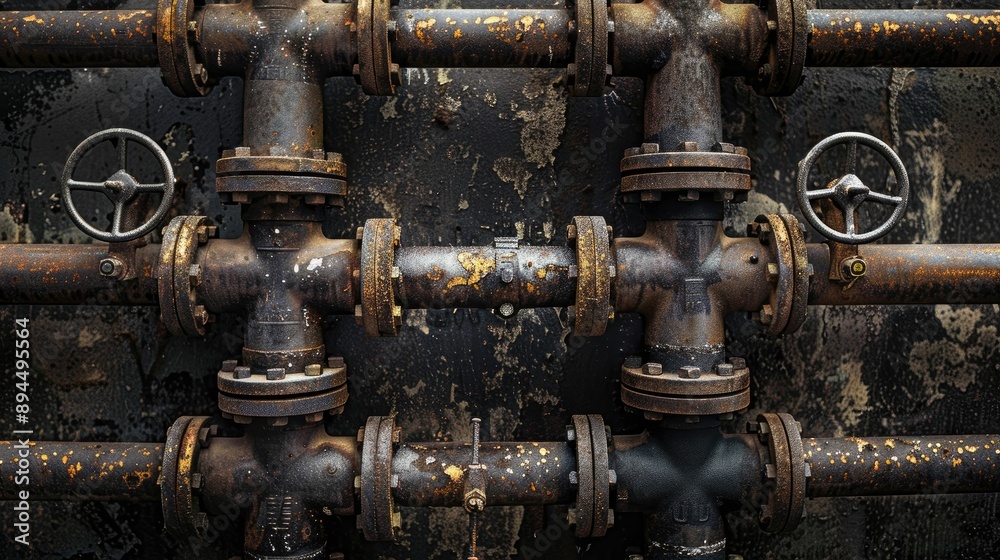 Network of interconnected industrial pipes and valves Network of interconnected industrial pipes and valves