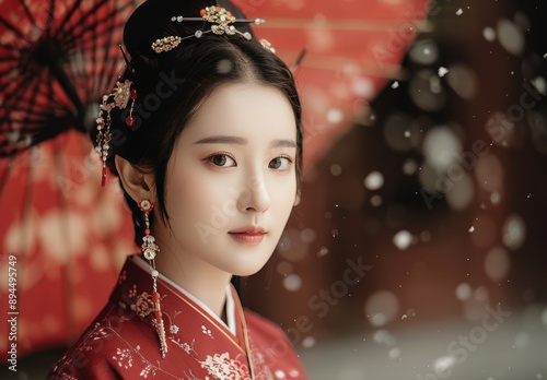 Woman in Red Dress With Hair Ornament