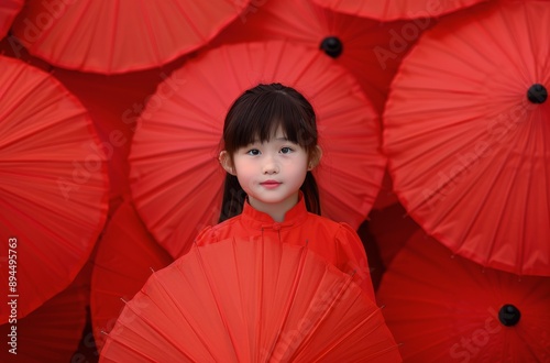 Girl Posing With Red Umbrellas