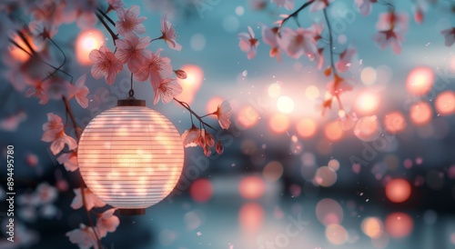 Cherry Blossoms and Lanterns Under a Full Moon