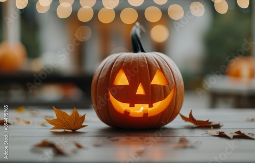 Lit Black Jack-O-Lantern on Table