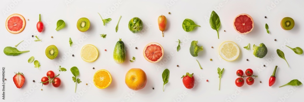 Fresh and Colorful Produce Medley on White Background - Top View Minimalistic Food Composition