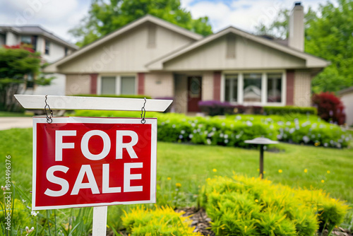 For sale sign in front of a beautiful house, real estate concept, residential home for sale, new property