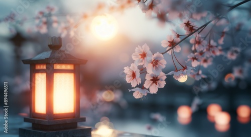 Cherry Blossoms and Lanterns Under a Full Moon