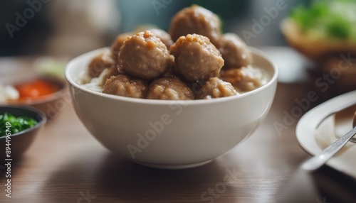 Indonesian Famous Foodstreet Bakso or Meatballs in white bowl photo