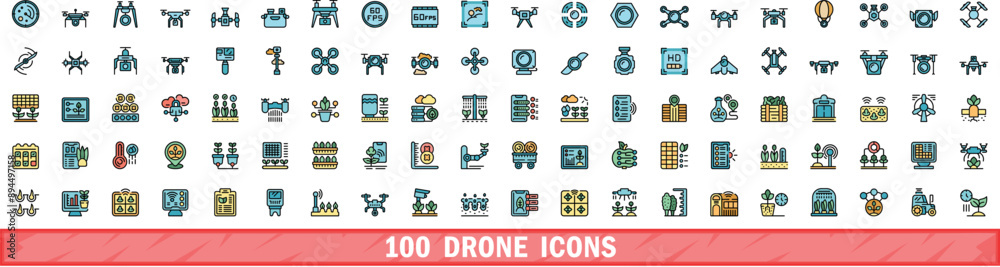 100 drone icons set. Color line set of drone vector icons thin line color flat on white 100 drone icons set. Color line set of drone vector icons thin line color flat on white