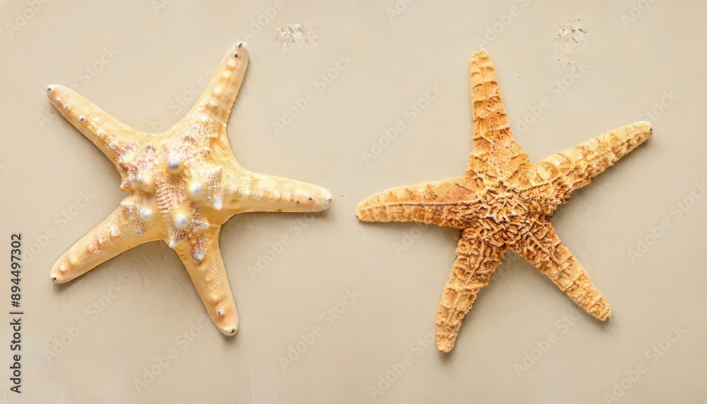 Two starfish lying on sand under sun. Perfect for themes of nature, ocean, marine life, and beach vacations. Two starfish lying on sand under sun. Perfect for themes of nature, ocean, marine life, and beach vacations.