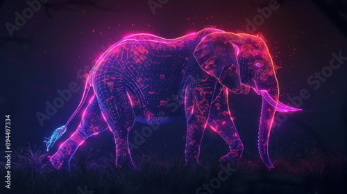 An ethereal elephant illuminated by vibrant pink and blue lights walks through a field of grass