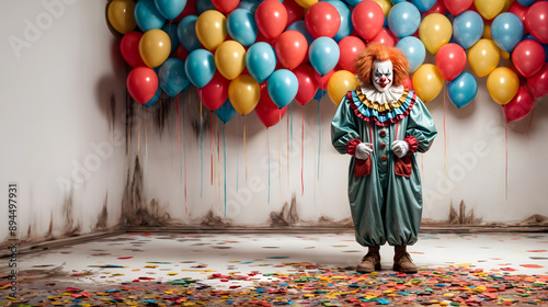 Halloween creepy evil clown with a colorful balloons observer you, Generative AI