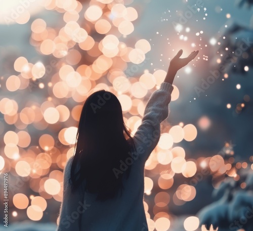 Hand Reaching for Sparkling Lights