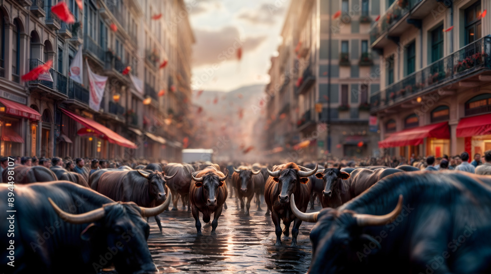 The bulls in the amidst the vibrant atmosphere of San Fermín. Generative AI The bulls in the amidst the vibrant atmosphere of San Fermín. Generative AI
