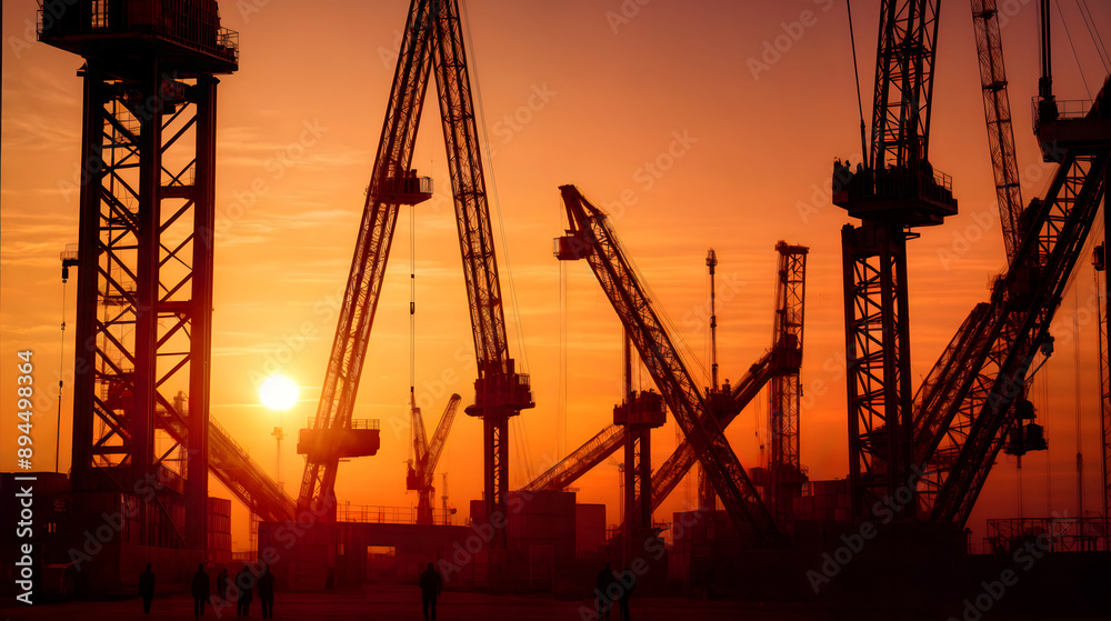 In warm sunset a construction cranes silhouettes is noticeable. Generative AI In warm sunset a construction cranes silhouettes is noticeable. Generative AI