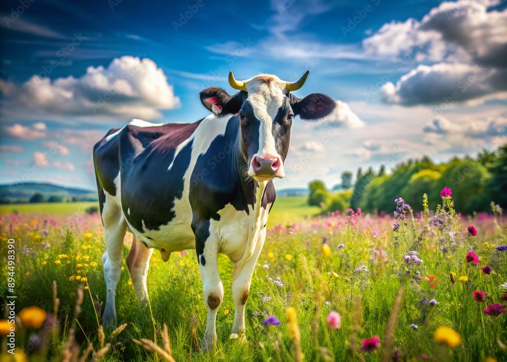 A serene and peaceful black and white cow stands alone in a lush green field, surrounded by vibrant wildflowers and lush foliage on a sunny day. A serene and peaceful black and white cow stands alone in a lush green field, surrounded by vibrant wildflowers and lush foliage on a sunny day.