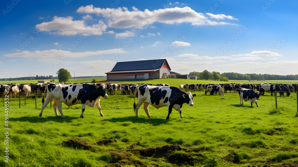 Bucolic Dairy Farm Scene with Grazing Holstein Friesian Cows Bucolic Dairy Farm Scene with Grazing Holstein Friesian Cows