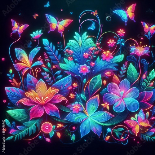 216 71. Neon botanical garden holographic illustration_ A hologr