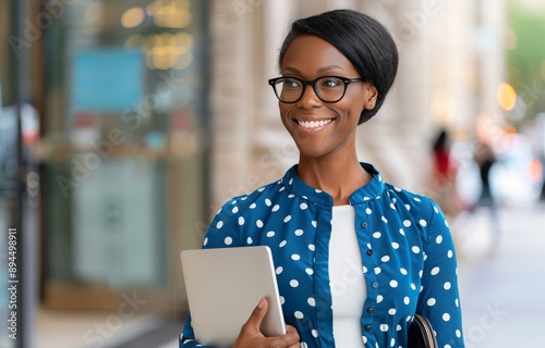 Woman Holding Laptop and Smiling in City