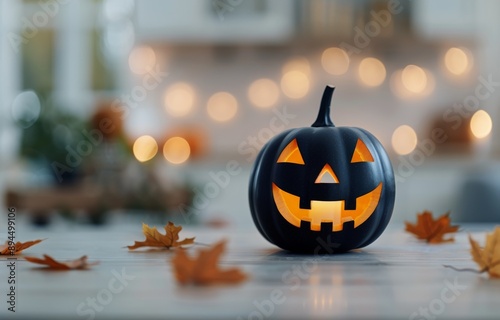 Lit Black Jack-O-Lantern on Table