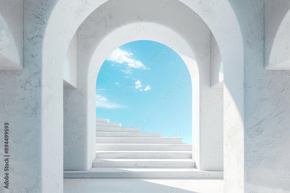 White archway opening to blue sky, steps leading upward, minimal White archway opening to blue sky, steps leading upward, minimal