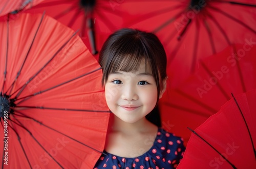 Girl Posing With Red Umbrellas