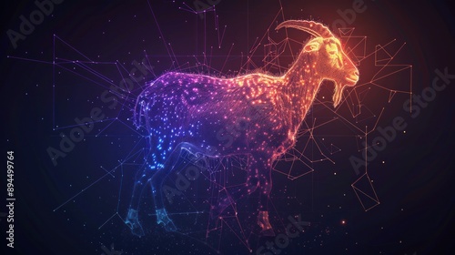 A digital goat composed of glowing lines and points of light against a dark background