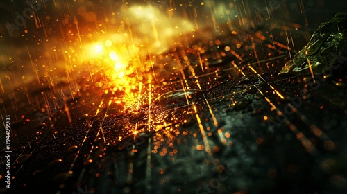 Close-up of a solar panel during a rainstorm, dark, cloudy sky, raindrops splashing on the surface, dynamic and wet, dramatic.