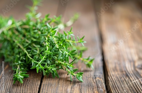 Fresh Thyme Sprigs on Wooden Table