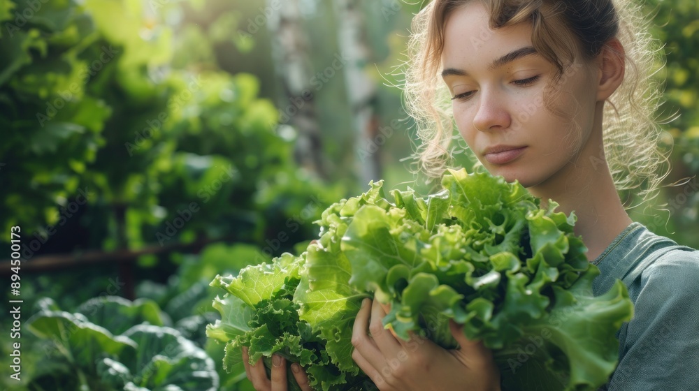 Young Woman Holding Fresh Lettuce in a Garden Young Woman Holding Fresh Lettuce in a Garden