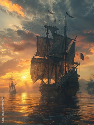 Vintage sailing ships on calm ocean water illuminated by the golden glow of sunset with dramatic clouds.