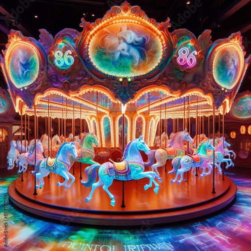 320 86. A holographic image of a whimsical carousel, with bright