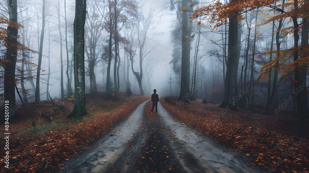 Obraz premium At the Crossroads: Navigating Life's Tough Decisions in a Misty Forest