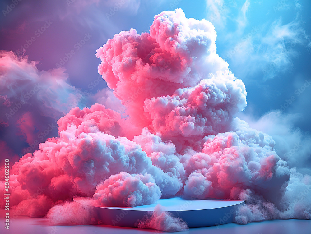 Fototapeta premium Cloud background podium blue 3d product sky white display platform render abstract stage pastel scene. Podium stand light minimal cloud background studio dreamy pedestal backdrop png smoke geometric