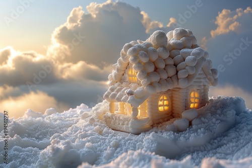 fairytale white house of ice cream, snow background. photo