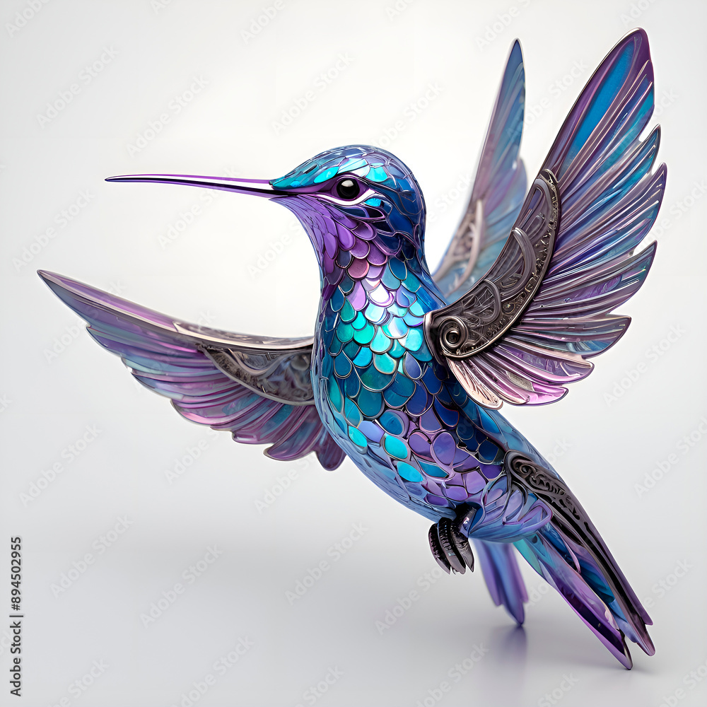 Obraz premium A majestic hummingbird sculpted from iridescent metallic blue and purple hues, isolated on a pristine white background with subtle margins, boasting ultrafine details that shimmer in the light