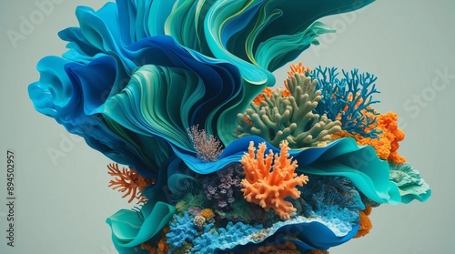Fototapeta Naklejka Na Ścianę i Meble -  Various coral reef formations in bright orange, blue, and green hues create an intricate composition.