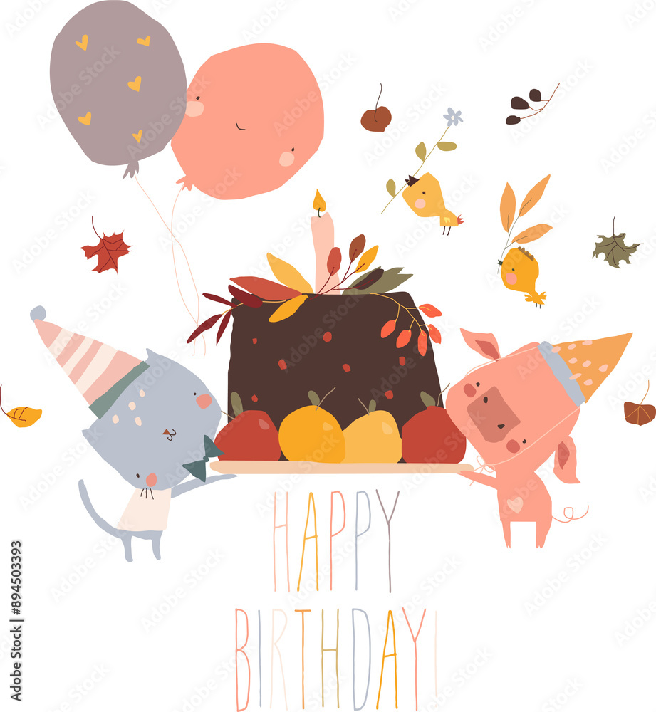 Naklejka premium Happy Cartoon Friends Animals celebrating Autumn Birthday. Vector Illustration