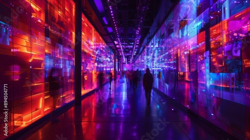 People walk through a dimly lit corridor with bright neon lights illuminating the walls.