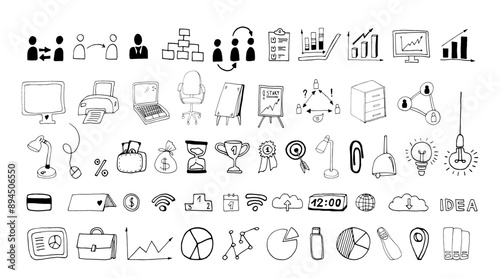 Hand drawn doodle set of business process and work office elements.